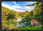 Dom, Rzeka Krka, Wodospad, Las, Drzewa, Park Narodowy Krka, Dalmacja, Chorwacja