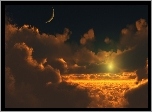 Księżyc, Chmury, Zachód, Słońca
