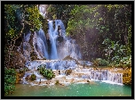 Wodospad, Kuang Si Falls, Skały, Rzeka, Drzewa, Laos