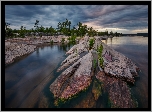 Rosja, Karelia, Jezioro, Ładoga, Skały, Chmury, Drzewa