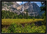 Stany Zjednoczone, Kalifornia, Park Narodowy Yosemite, Góry, Skały, Wodospad, Łąka, Krzewy, Kwiaty