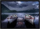 Łódki, Pomost, Jezioro Lake Haruna, Niebo, Zmierzch, Ciemne, Chmury, Takasaki, Prefektura Gunma, Japonia