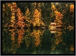 Jezioro Fusine Lake, Jesień, Drzewa, Lasy, Odbicie, Domek, Prowincja Udine, Włochy