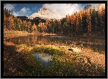 Jezioro, Antorno Lake, Mostek, Góry, Dolomity, Alpy, Drzewa, Jesień, Chmury, Włochy