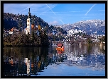 Góry, Alpy Julijskie, Kościół Zwiastowania Marii Panny, Łódka, Jezioro, Lake Bled, Słowenia