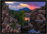 Zachód słońca, Skały, Drzewa, Jezioro, Watson Lake, Prescott, Arizona, Stany Zjednoczone