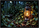 Las, Lampa, Liście, Drzewa, Księżyc