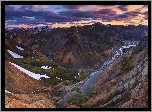 Islandia, Góry Landmannalaugar, Tęczowe Góry, Skały ryolitowe, Zachód Słońca, Rzeka, Chmury