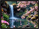Las, Mały, Wodospad, Rzeka, Skała, Kwiaty, Drzewa, Rośliny, Wiosna