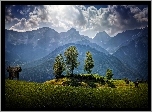 Góry, Las, Chmury,  Łąka, Przebijające, Światło, Austria, HDR
