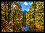 Jesień, Las, Drzewa, Góry, Promienie słońca, Staw
