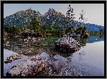 Niemcy, Bawaria, Gmina Berchtesgadener, Góry, Alpy, Las, Jezioro Hintersee, Kamienie, Skały