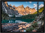Jezioro, Moraine Lake, Kłody, Góry, Las, Drzewa, Park Narodowy Banff, Alberta, Kanada