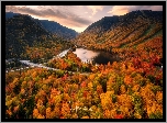 Jesień, Jezioro, Echo Lake, Góry, White Mountains, Las, Drzewa, Droga, Stan New Hampshire, Stany Zjednoczone