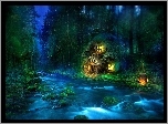 Las, Domek, Woda, Noc, Fantasy