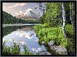 Stany Zjednoczone, Oregon, Stratowulkan, Mount Hood, Las, Trawa, Drzewa, Chmury, Góry, Jezioro, Odbicie, Kamienie, Brzeg