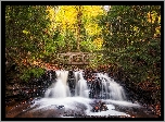 Las, Wodospad Chapel Falls, Jesień, Mostek, Park Narodowy Pictured Rocks National Lakeshore, Miejscowość Munising, Stan Michigan, Stany Zjednoczone