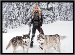 Zima, Las, Dziewczyna, Spacer, Psy, Siberian Husky