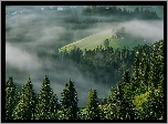 Góry, Lasy, Mgła, Domy, Alpy, Tyrol, Austria