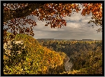 Jesień, Rzeka, Góry, Lasy, Drzewa, Gałęzie, Chmury