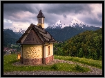Góry, Alpy, Lasy, Kapliczka, Kirchleitn Kapelle, Domy, Chmury, Berchtesgaden, Bawaria, Niemcy