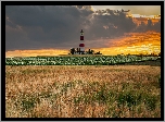Latarnia morska, Happisburgh Lighthouse, Pole, Niebo, Chmury, Norfolk, Anglia