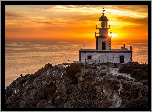 Grecja, Santorini, Akrotiri, Latarnia morska, Morze, Zachód słońca