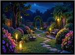 Ogród, Noc, Krzewy, Ławki, Świece, Ścieżka