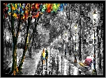 Malarstwo, Leonid Afremov, Aleja, Park, Latarnie, Ławka, Ludzie