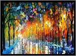 Malarstwo, Leonid Afremov, Park, Aleja, Droga, Latarnie