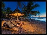 Plaża, Leżaki, Palmy, Ocean, Zmierzch, Wyspa, Mauritius, Tropiki