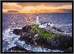 Morze, Latarnia morska, Fanad Head Lighthouse, Skały, Chmury, Wschód słońca, Portsalon, Irlandia