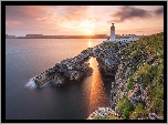 Morze, Wybrzeże, Latarnia morska, Bressay Lighthouse, Skały, Wschód słońca, Wyspa Bressay, Szkocja