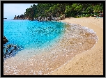 Lloret de Mar, Wakacje, Morze, Plaża Cala Treumal, Drzewa, Kamienie, Costa Brava, Prowincja Girona, Katalonia, Hiszpania