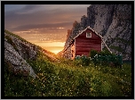 Norwegia, Lofoty, Wieś Reine, Dom, Zachód słońca, Góry