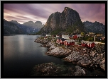 Norwegia, Lofoty, Góry, Skały, Wioska Reine, Domy