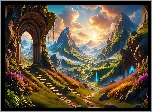 Grafika, Góry, Budowla, Łuk, Schody, Roślinność, Fantasy