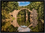Kamienny, Most łukowy, Jezioro Rakotz, Niemcy, Saksonia, Park Rododendronów Kromlau, Odbicie