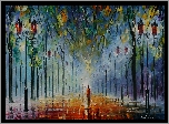Malarstwo, Leonid Afremov, Park, Aleja, Latarnie