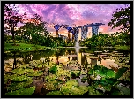 Staw, Lilie wodne, Hotel Marina Bay Sands, Futurystyczny ogród Gardens by the Bay, Singapur