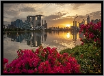 Zatoka Marina Bay, Hotel Marina Bay Sands, Wieżowce, Singapur, Most, Rzeka, Kwiaty, Zachód słońca