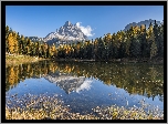 Masyw Tre Cime di Lavaredo, Góry, Dolomity, Jezioro Antorno Lake, Lasy, Drzewa, Prowincja Belluno, Włochy