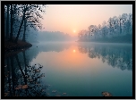 Jezioro, Mgła, Drzewa, Zachód słońca