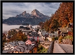 Niemcy, Bawaria, Góry, Berchtesgaden, Domy, Kościół, Drzewa, Mgła
