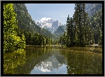 Austria, Góry Dachstein, Jezioro Gosauseen, Drzewa, Las, Niebo, Chmury, Mgła