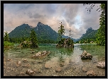 Niemcy, Bawaria, Jezioro, Hintersee, Góry, Drzewa, Skały, Mgła