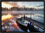 Łódka, Molo, Jezioro, Mgła, Las