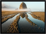 Morze, Skała, Haystack Rock, Mgła, Piasek, Plaża, Miejscowość Cannon Beach, Stan Oregon, Stany Zjednoczone