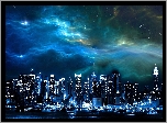 Miasto, Nocą, Drapacze Chmur, Niebo, Chmury