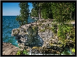 Drzewa, Jezioro, Skały, Jezioro Michigan, Park, Cave Point County Park, Stan Wisconsin, Stany Zjednoczone